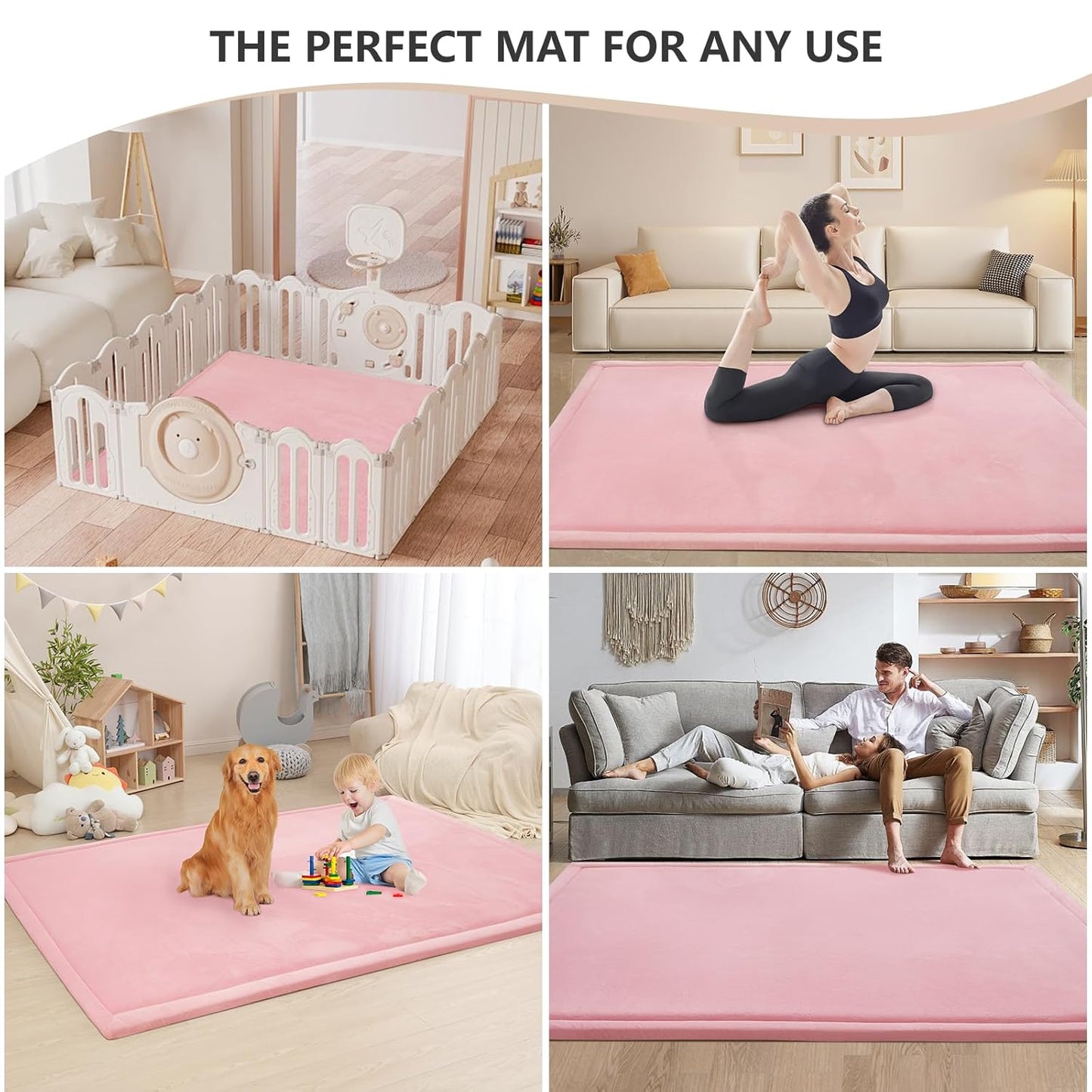 Baby Play Mat for Floor,1.3" Thick Memory foam Tummy Time Mat,79"×158“ Extra Large Soft Coral Velvet Nursery Rug,Non Slip Safe for Crawling,Toddlers,Infants,kids,Tatami Style for Living Room(Pink)