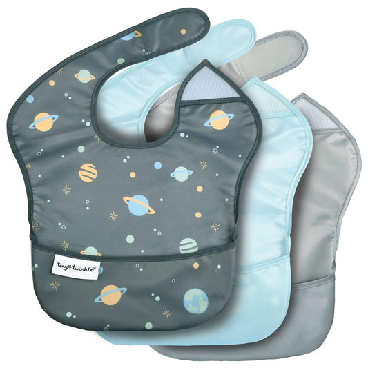 Tiny Twinkle Mess Proof Baby Bibs for Eating - Waterproof, Wipeable Bibs - Toddler Bibs - Travel Friendly - PFAS, PVC, BPA, Phthalate Free - Baby Food Bibs(3 Pack, Space)