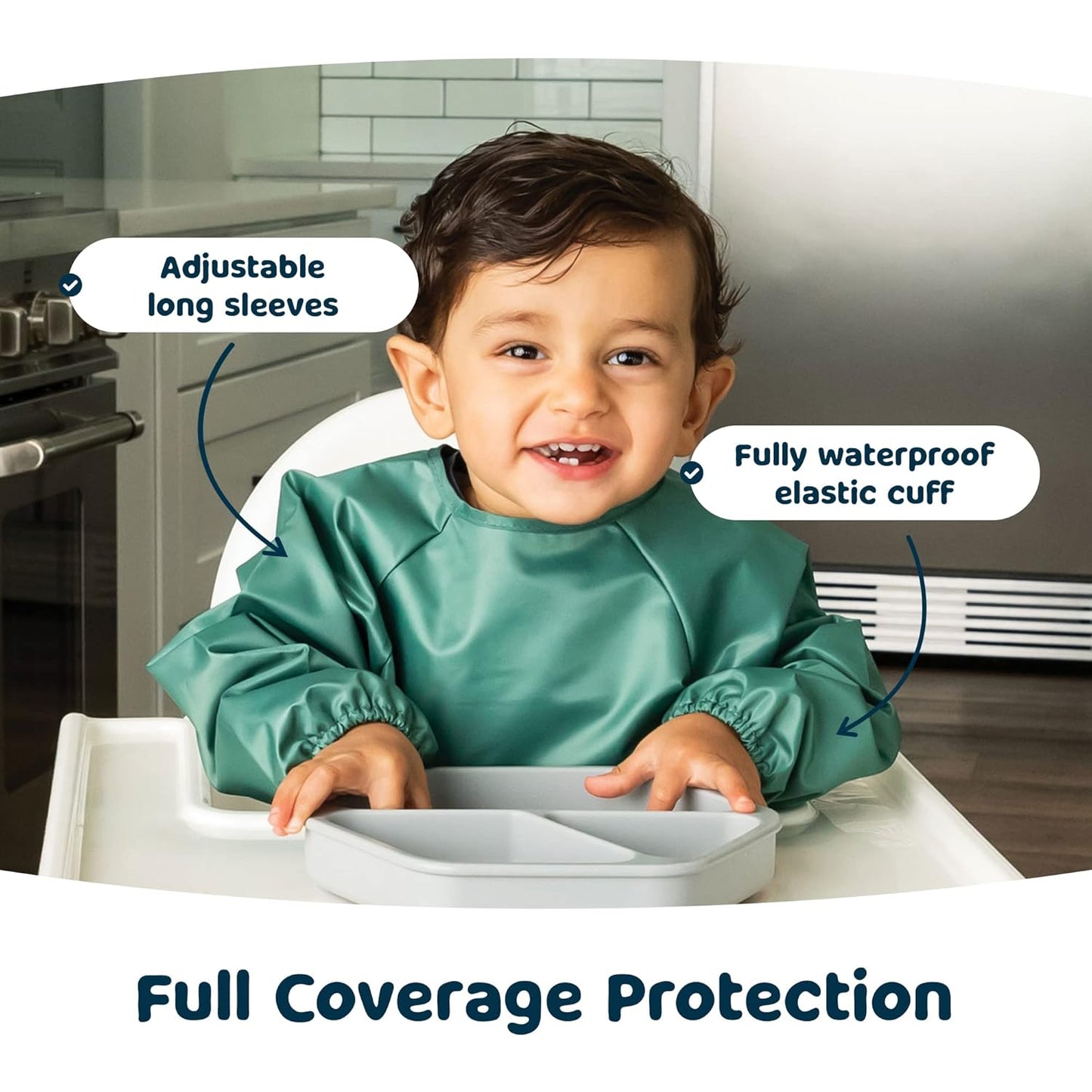 Tiny Twinkle Mess Proof Baby Bibs, 2pk Waterproof Smock Baby Bibs for Eating, Machine Washable Long Sleeve Bibs, Baby Led Weaning, Toddler Bibs, BLW Supplies(Slate Olive, Large 2-4 Years)