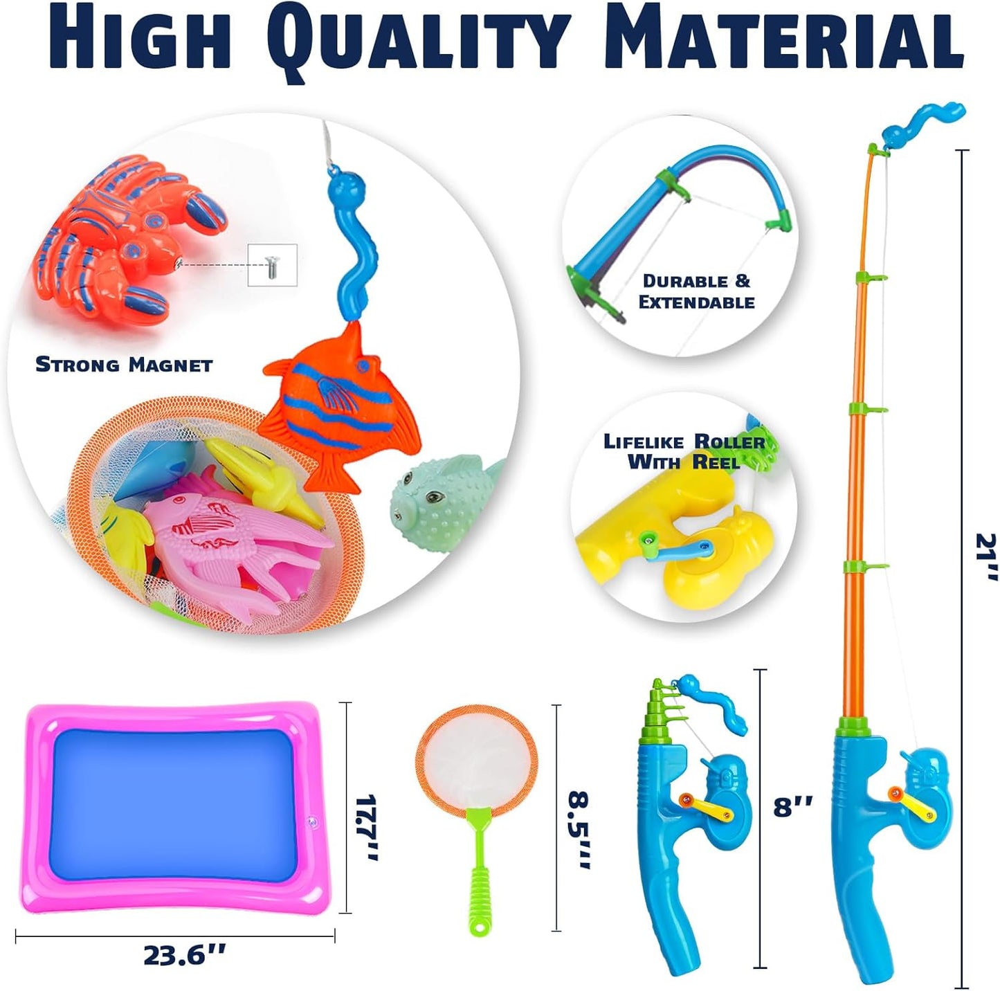 CozyBomB™ Magnetic Fishing Toys Game Set for Kids | Water Table Bathtub Kiddie Pool Party & Pole Rod Net, Plastic Floating Fish Toddler Color Ocean Sea Animals Birthday Age 3 4 5 6 Year