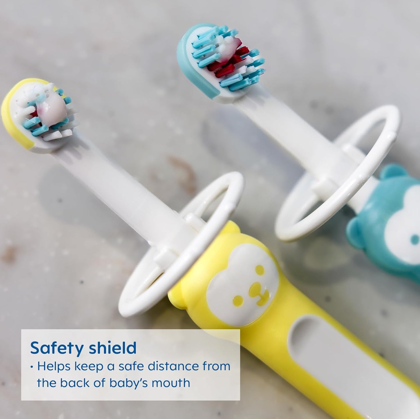 MAM Learn to Brush Set (1 Baby's Brush Toothbrush, 1 Training Brush, 1 Safety Shield), Baby Toothbrushes with Brushy The Bear, Interactive App, for Boys 5+ Months, Blue