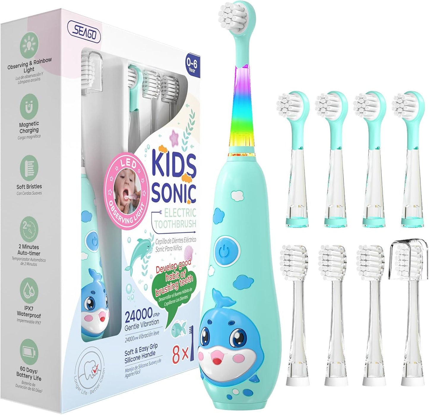 SEAGO Kids Electric Toothbrushes Rechargeable, Toddler Electric Toothbrush with Magnetic Charging, LED Observing Light, 8 Toothbrush Heads for Ages 2-4 -6 Boys Girls (Blue)