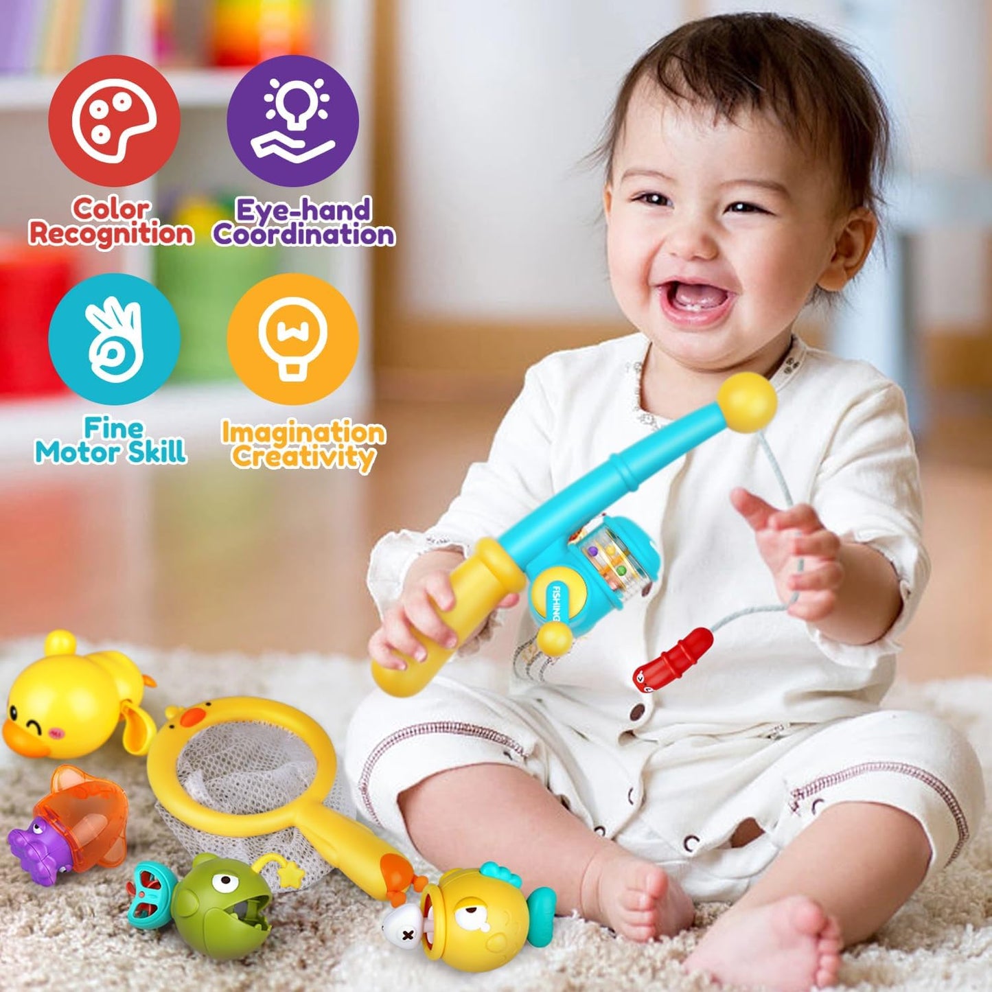 Baby Bath Toys for Kids Ages 1-3, Magnetic Fishing Games with Floating Bathtub Wind-Up Toys & Fishing Net, Fishing Rod Water Pool Toys for Toddlers 1-3