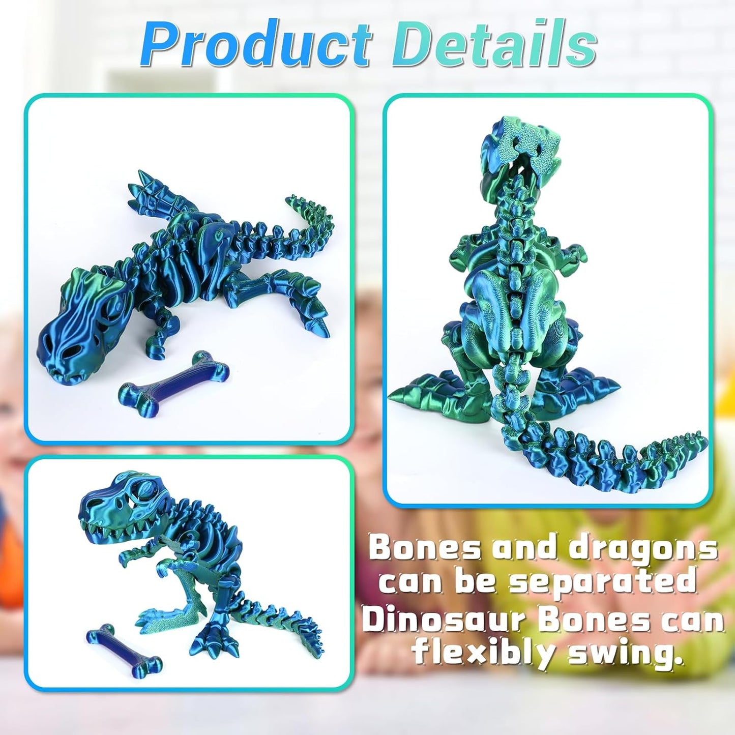 3D Printed Dinosaur Bone Skeleton Tyrannosaurus Rex with Movable Jaw Fidget Dinosaur Toys Full Articulated Dinosaur Executive Desk Toys Home Office Decor, Blue Mix Green