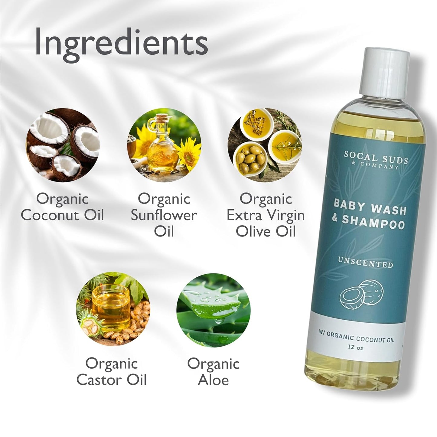 SoCal Suds & Company Baby Shampoo & Body Wash, 2-in-1 Organic Gel - Gentle Castile Soap with Vitamin-Infused Oils & Botanicals for Sensitive Skin & Body Hypoallergenic - 12oz Fragrance Free