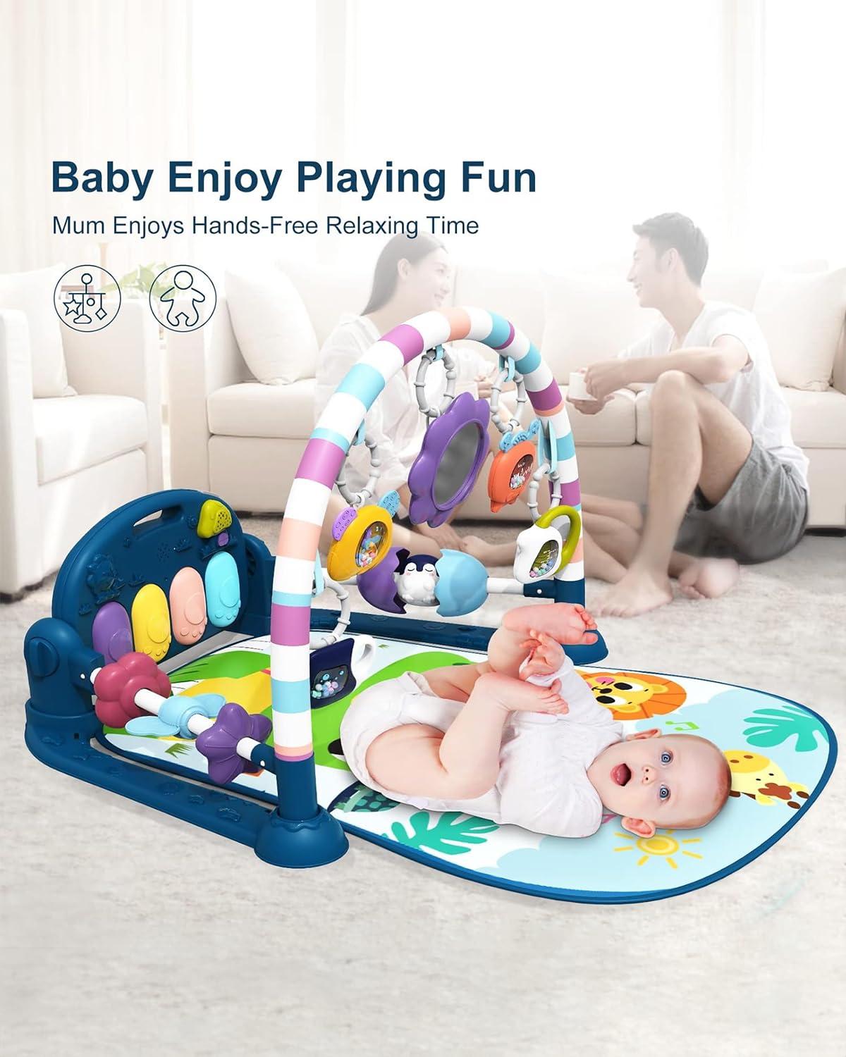 dearlomum Baby Play Mat Baby Gym,Funny Play Piano Tummy Time Baby Activity Mat with 5 Infant Sensory Baby Toys, Music and Lights Boy & Girl Gifts for Newborn Baby 0 to 3 6 9 12 Months（New Blue）