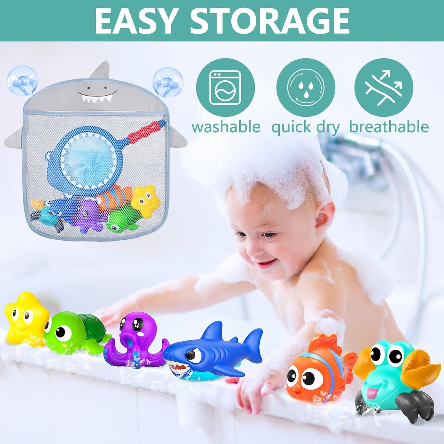 No Hole Mold Free Baby Bath Toys for Kids Ages 1-3,Water Toys for Babies and Toddlers,Ocean Animal Bath Toys for Bathtub,Shower,Beach, Pool,Water Table,Boys Girls Gifts with Storage Bag