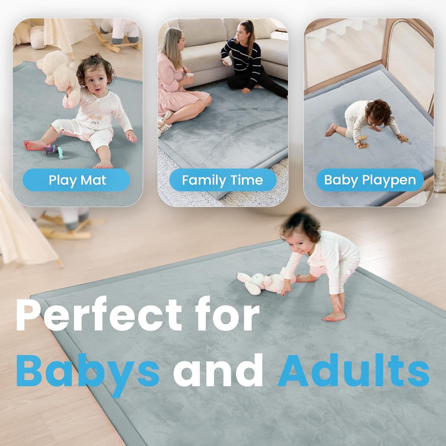 1.3" Thick Baby Play Mat for Floor Playpen,71x59 Large Foam Tummy Time Mat,Padded Support Soft Plush Nursery Rug for Infant,Kids Toddler Crawling Kick Activity (Light Grey)