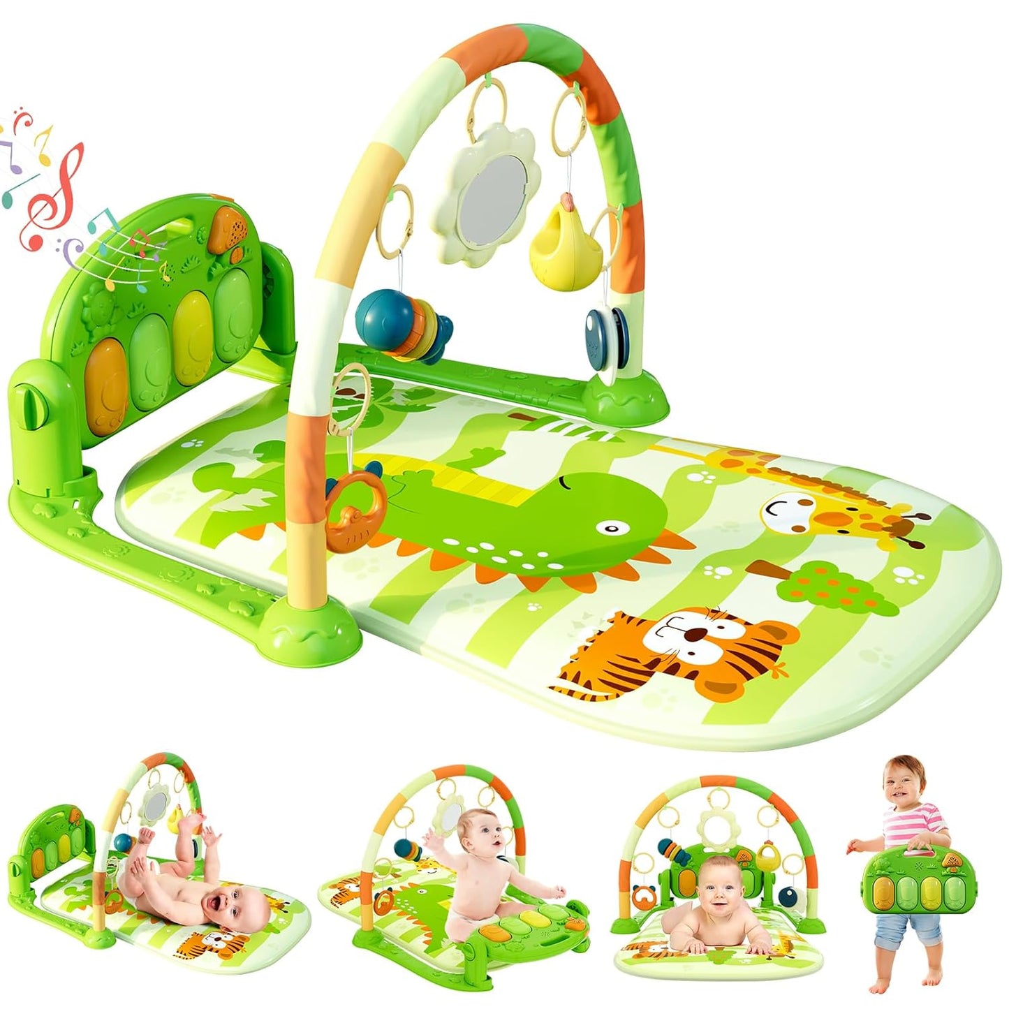 Dearlomum Baby Play Mat & Gym, Funny Piano Tummy Time Activity Mat with 5 Sensory Toys, Music & Lights - Boy & Girl Gifts (0-12 Months, Green)