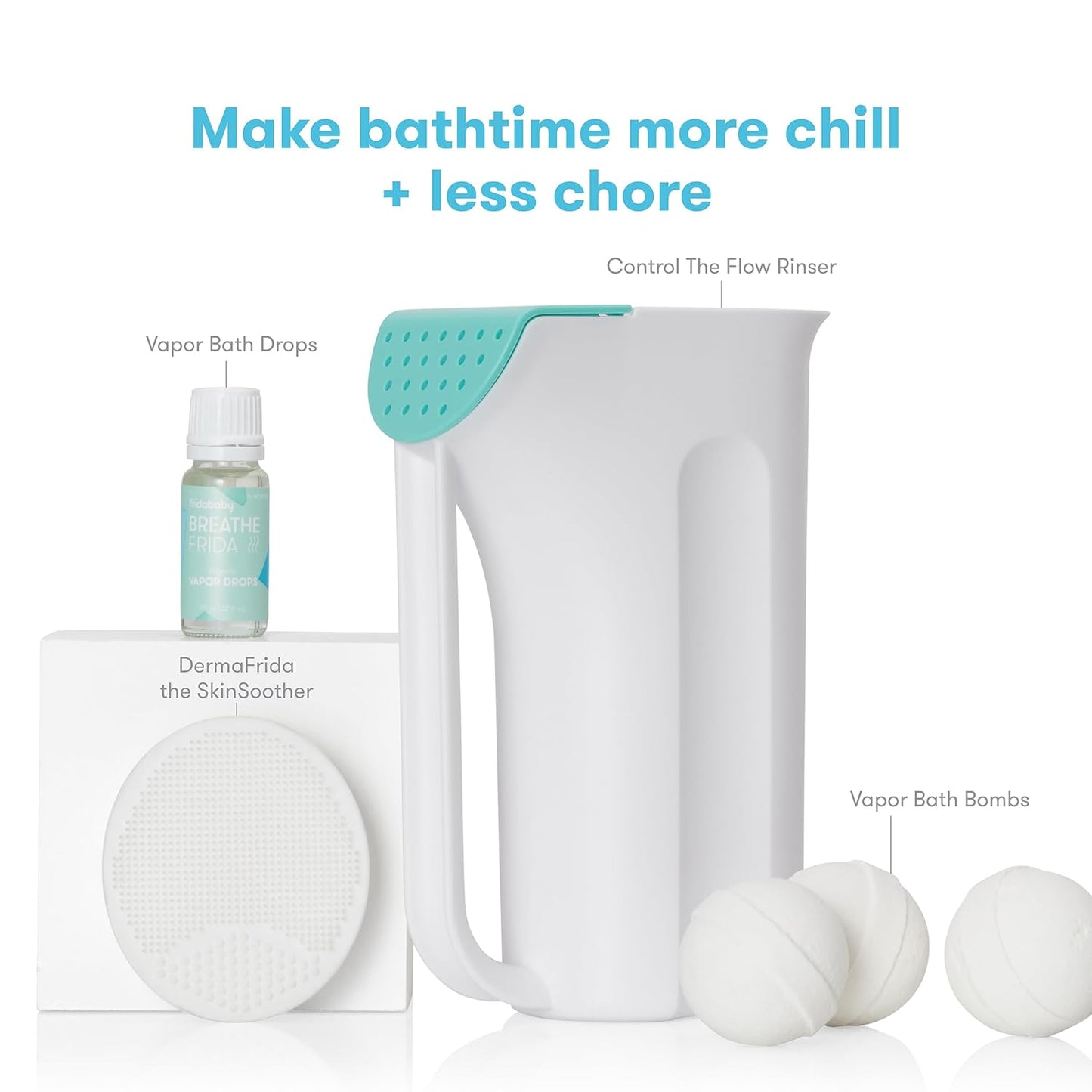 Frida Baby Baby Bath Upgrade Kit | Infant and Toddler Bath Essentials, Rinser Cup, Baby Bath Silicone Brush, Bath Bombs, Essential Oil Vapor Drops, white