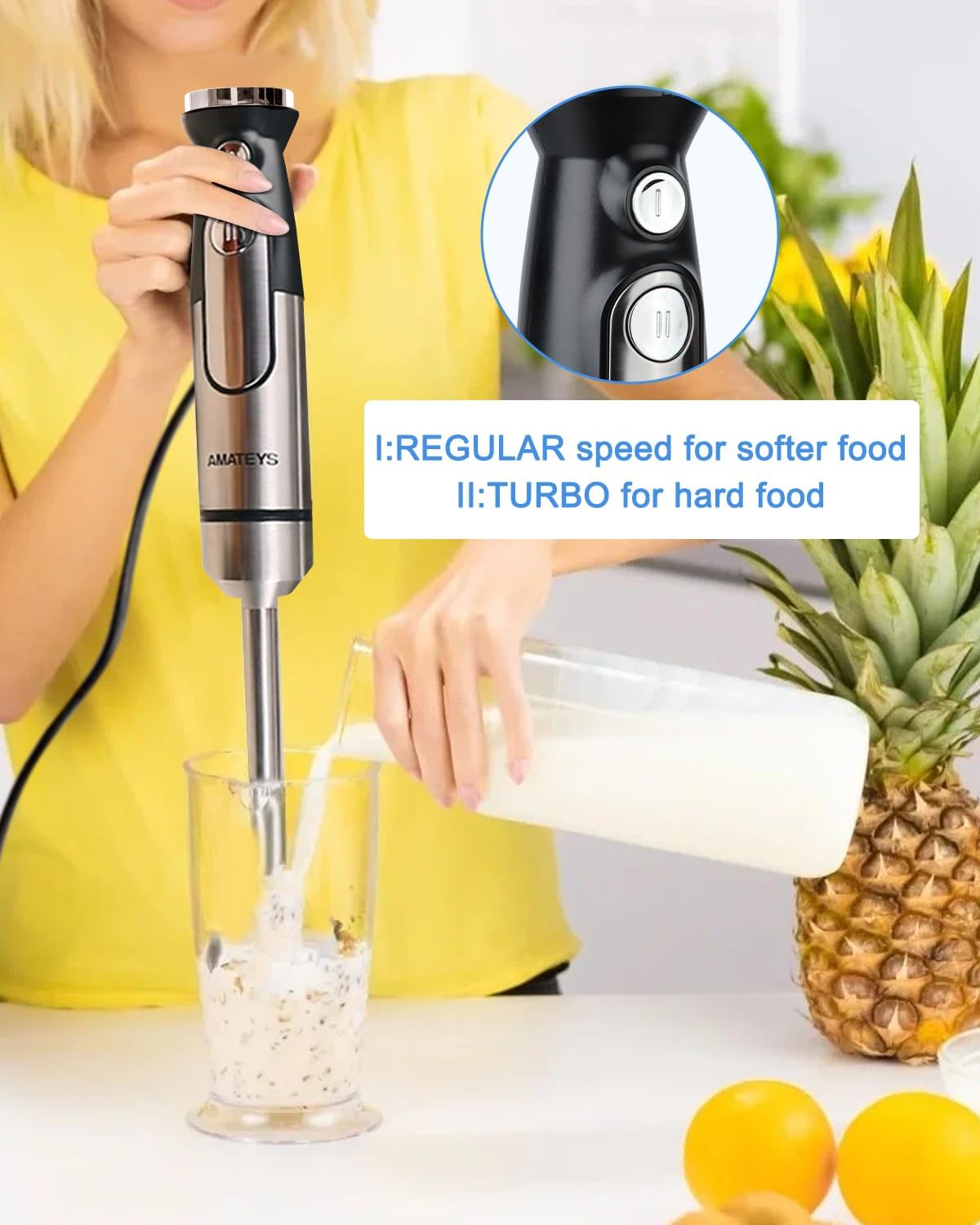 Handblender with Plug,Immersion Blender Handheld, Heavy-Duty Copper Motor, Detachable Stainless Blade Dishwasher Safe, 2 Modes with Pulse,Infinitely Variable Speed, Space-Saving Design