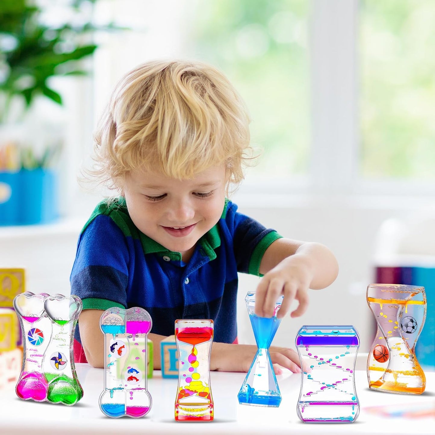 6 Pack Liquid Motion Bubbler Liquid Bubble Sensory Toys Colorful Oil Hourglass Fidget Toy Sensory Bottles Calming Toys Handheld Water Game for Boy Girl Autism ADHD Adults (Lively)