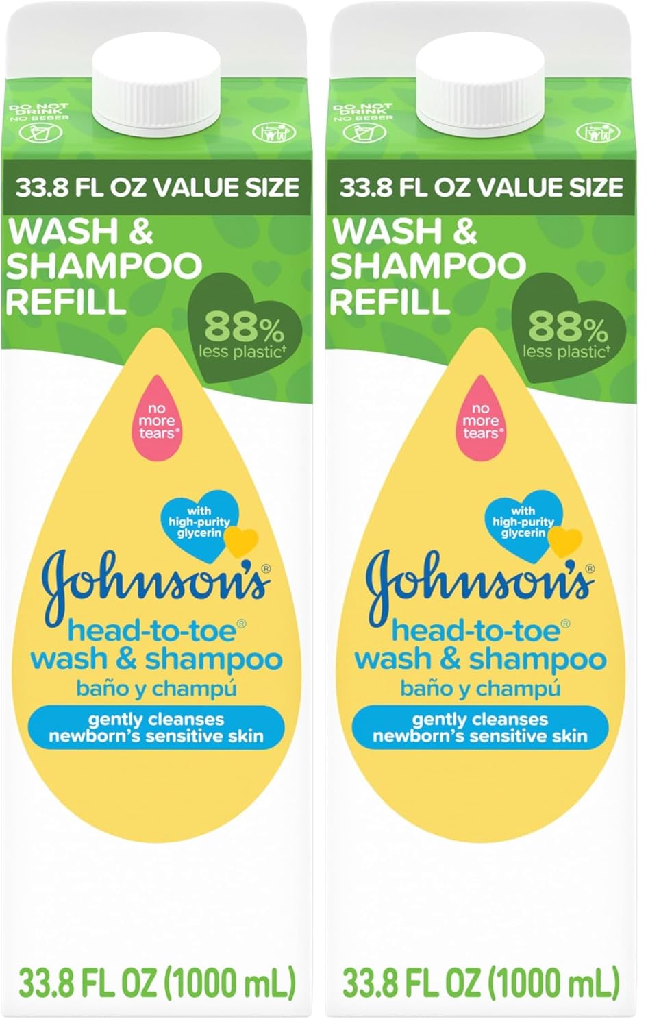 Johnson's Head-To-Toe Gentle Body Wash & Shampoo for Baby's Sensitive Skin & Hair, Tear-Free, Sulfate-Free & Hypoallergenic, Value Size Refill, 33.8 fl. oz (Pack of 2)