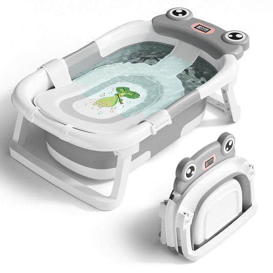 Baby Bathtub, Collapsible Newborn Bathtub for Infant to Toddler 0-24 Months with Soft Cushion and Thermometer,Portable Travel Newborn Tub with No-Slip Feet, Baby Shower Gifts,Grey