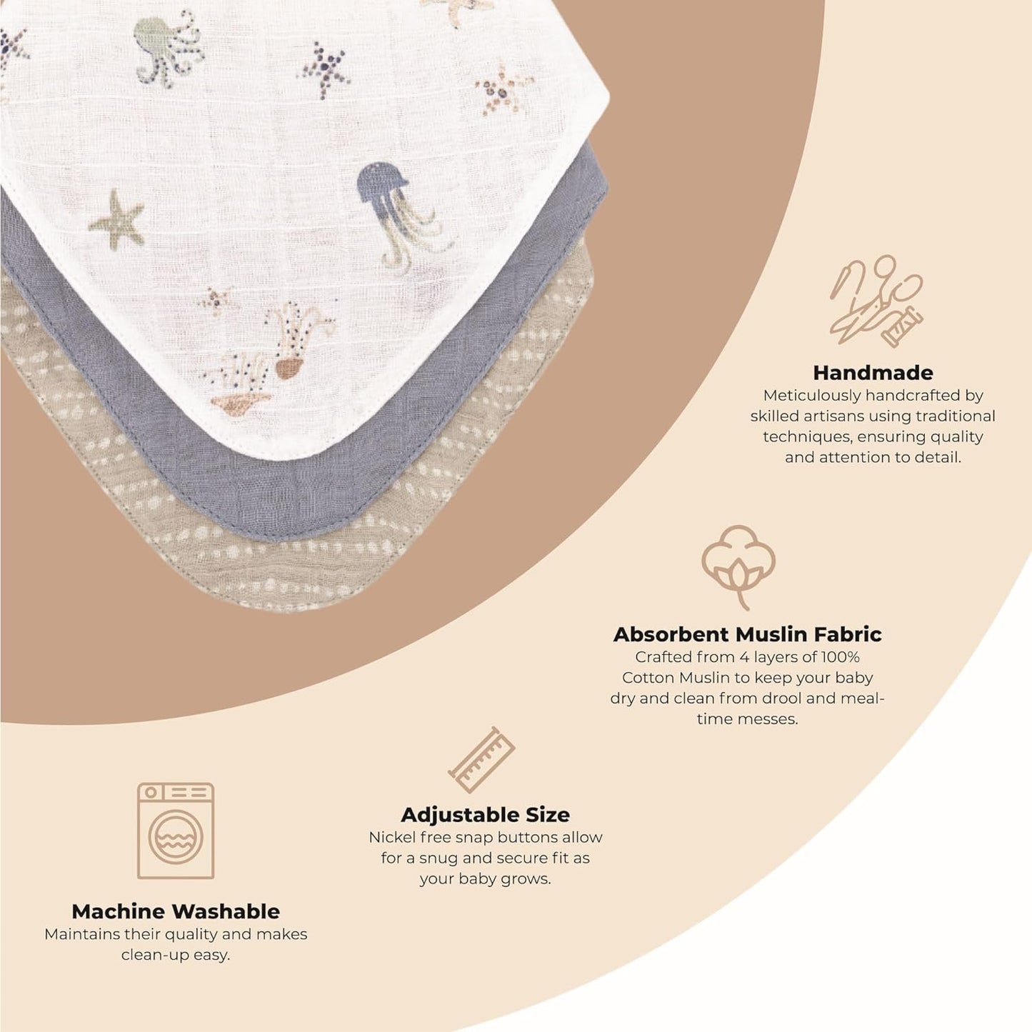 Crane Baby Bib Set, 100% Cotton Baby Bibs, Set of 3 Sea Life Cotton Muslin Bibs, Bandana Bibs Baby Bibs For Eating, Baby Eating Essentials, Drool Bibs, Baby Boy or Baby Girl Gifts, Newborn Bibs