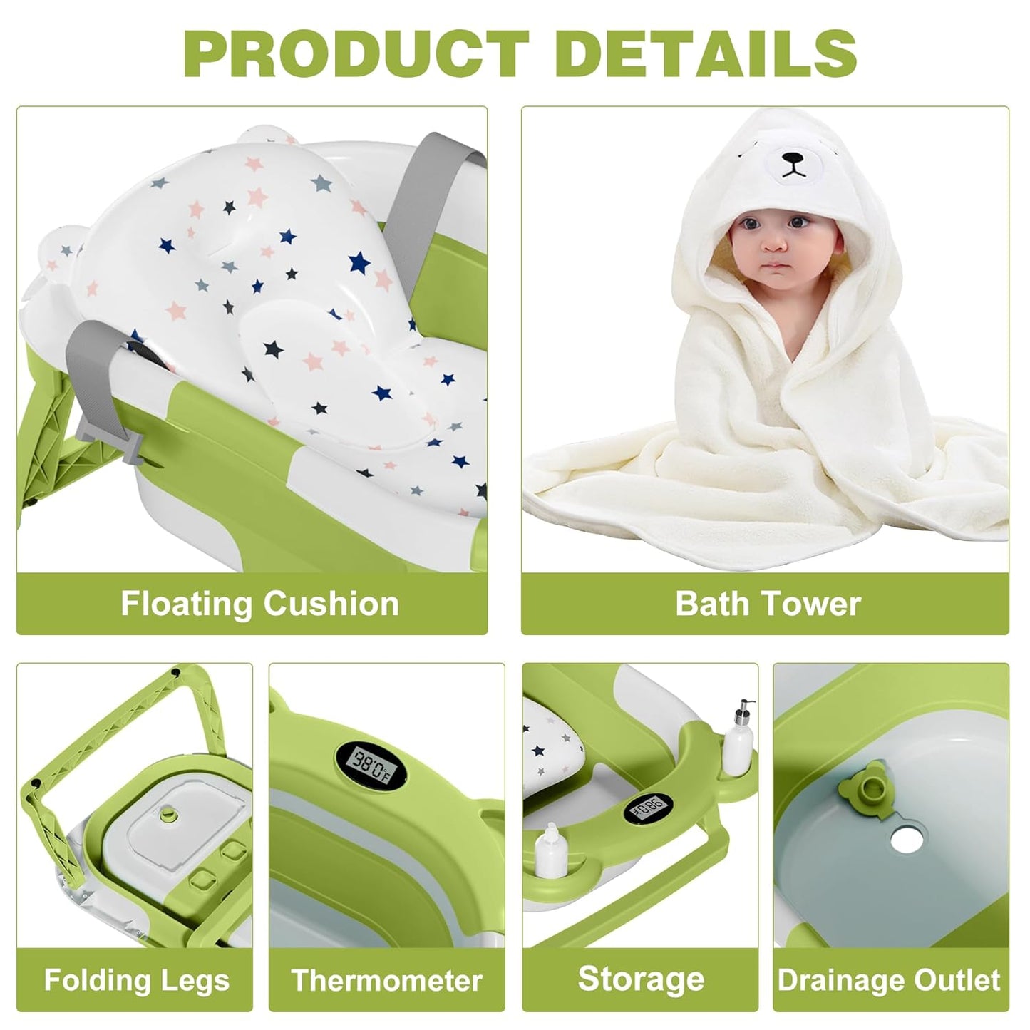 MoreFeel Collapsible Baby Bathtub for Newborn with Thermometer & 1 Hooded Towel & 1 Soft Floating Cushion,Portable Travel Bathtub with Drain Hole, Durable Foldable Baby Tubs for Infants to Toddler