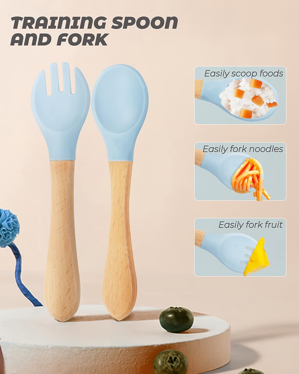10 pcs Baby Spoons and Forks, First Stage Baby Led Weaning Spoons, Chewable Baby Utensils for Self-Feeding, Bamboo and Silicone Baby Utensils, Kids Utensils for Over 6 Months Babies
