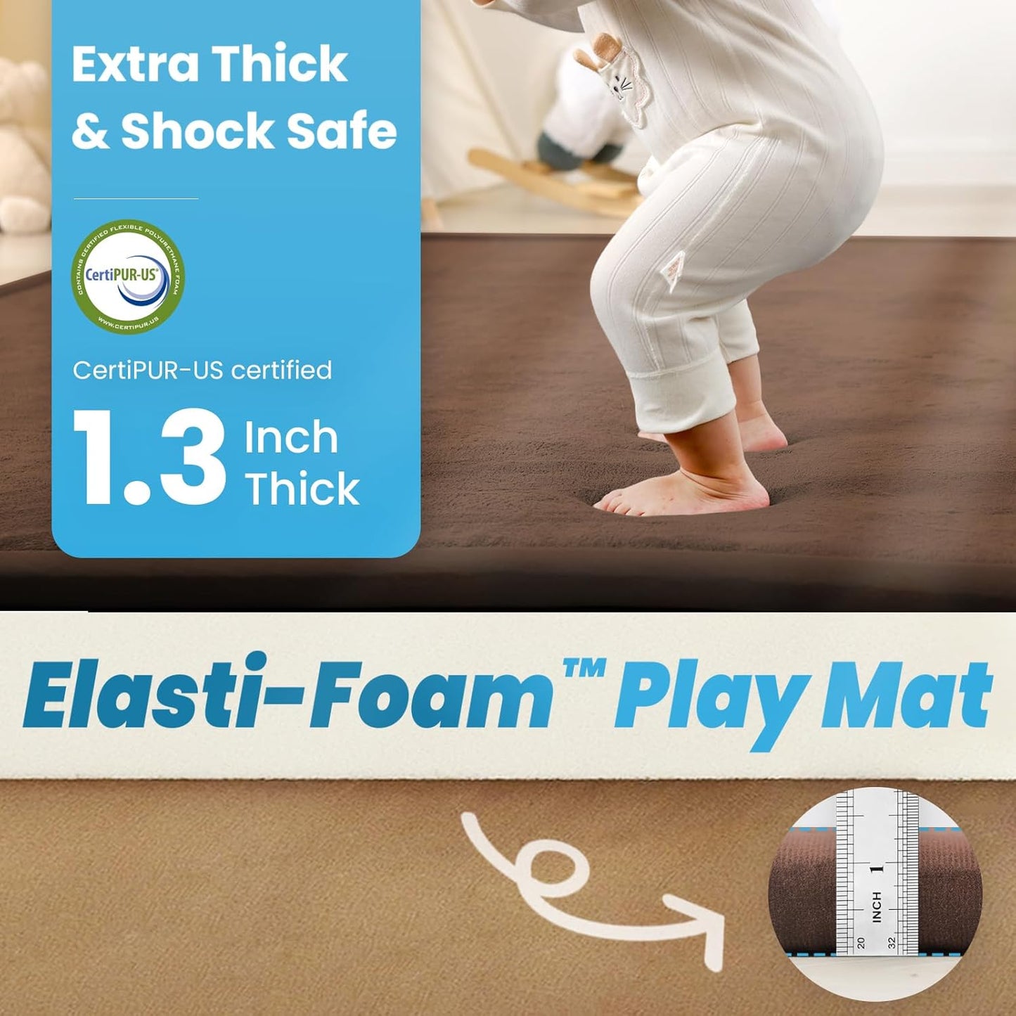 Ultra Soft Baby Play Mat,79"×158" Extra Large Activity Tummy Time Mat for Toddlers,Infants,Kids,1.3" Thick Elasti-Foam Nursery Rug for Floor,Non-Slip Safe for Crawling,Water-Repellent(Chocolate Brown)