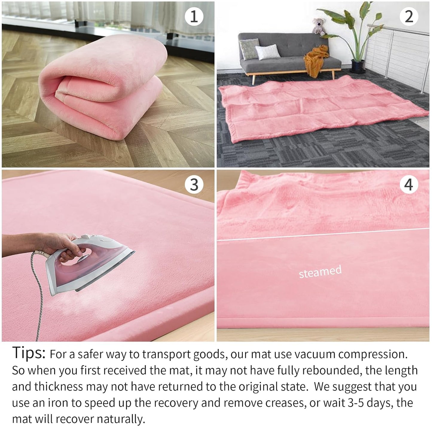 Play Mat for Babies Toddlers,1.3" Thick Elasti-Foam Anti-Fall Cushion Mat for kids Room,28×72 Bedroom Bedside Rugs,Water-Repellent Soft Coral Velvet,Non-Slip(Pink)