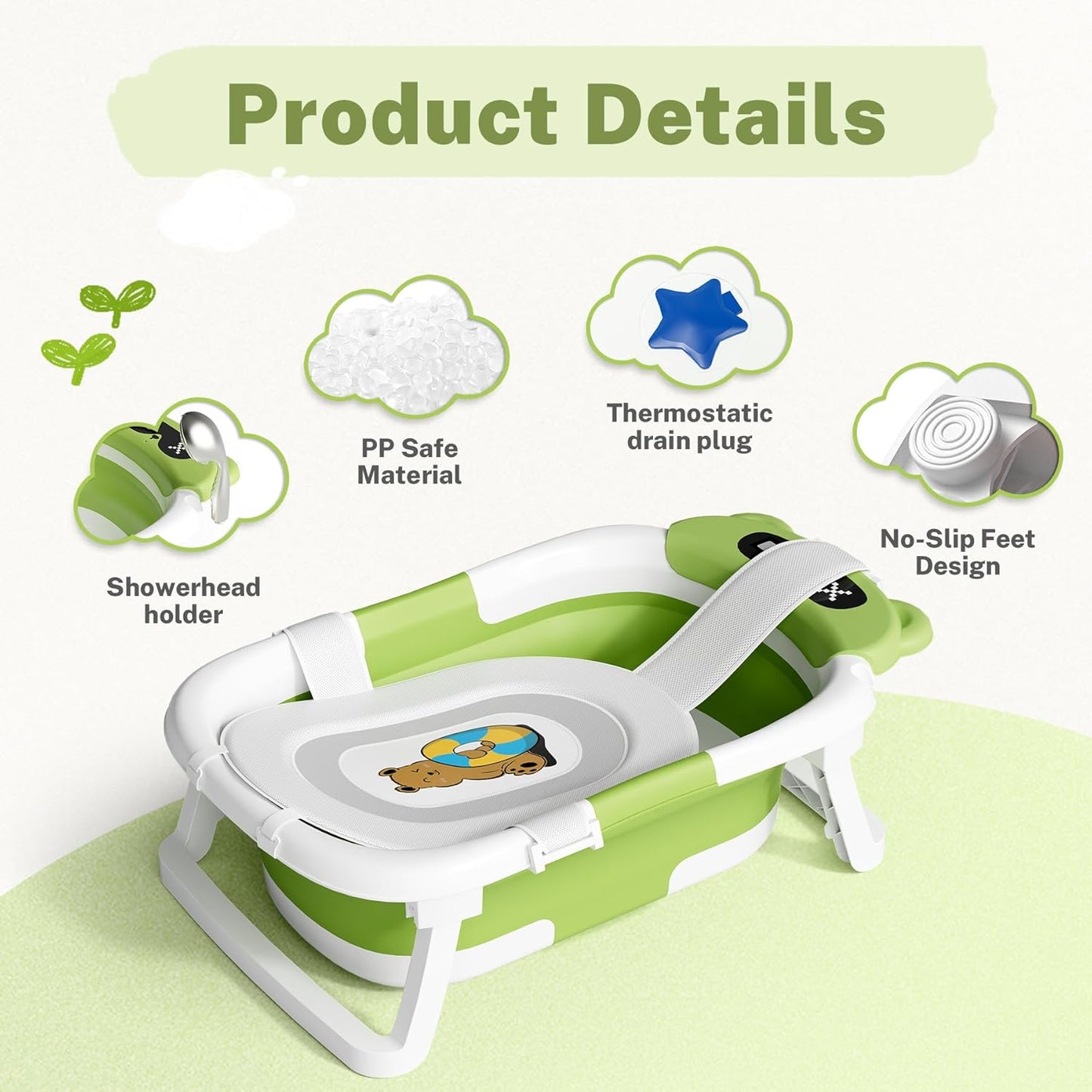 AVIDOR Baby Bathtub,Collapsible Bathtub for Newborn to Toddler,Durable Essential Infant Bath Tub,Portable Travel Baby Tub with Soft Cushion,No-Slip Hanging and Detachable(Green)