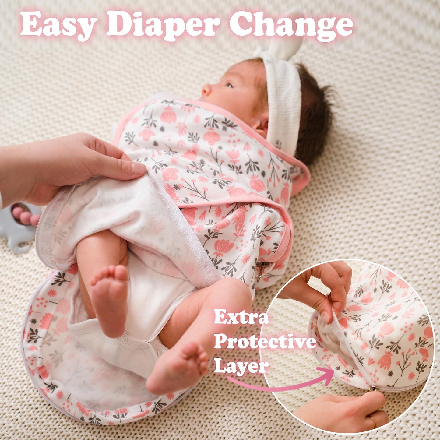 Bublo Baby Organic Swaddles for Newborns – Zipper Swaddles 0-3 Months, 3-Pack – Infant Sleep Sack with Zipper – Adjustable & Breathable Swaddle Blanket Wrap for Newborn Girls, Pink Flowers