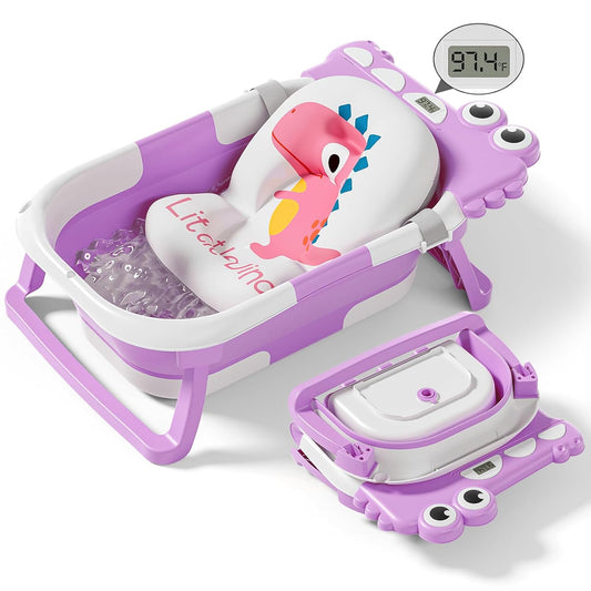 Collapsible Baby Bathtub for Newborn, Foldable Baby Bath Tub with Thermometer & Soft Floating Cushion & Drain Hole, Portable Travel Infant Bath Tubs for Newborns to Toddlers 0-36 Months Girls