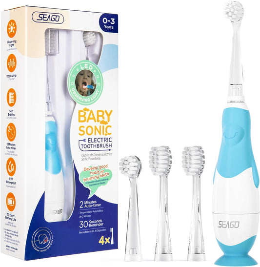 SEAGO Toddler Electric Toothbrushes for Baby Ages 0-3 Years, Baby Toothbrush with Smart Timer and Suction Base, 4 Replacement Brush Heads SG-513 (Blue-C)