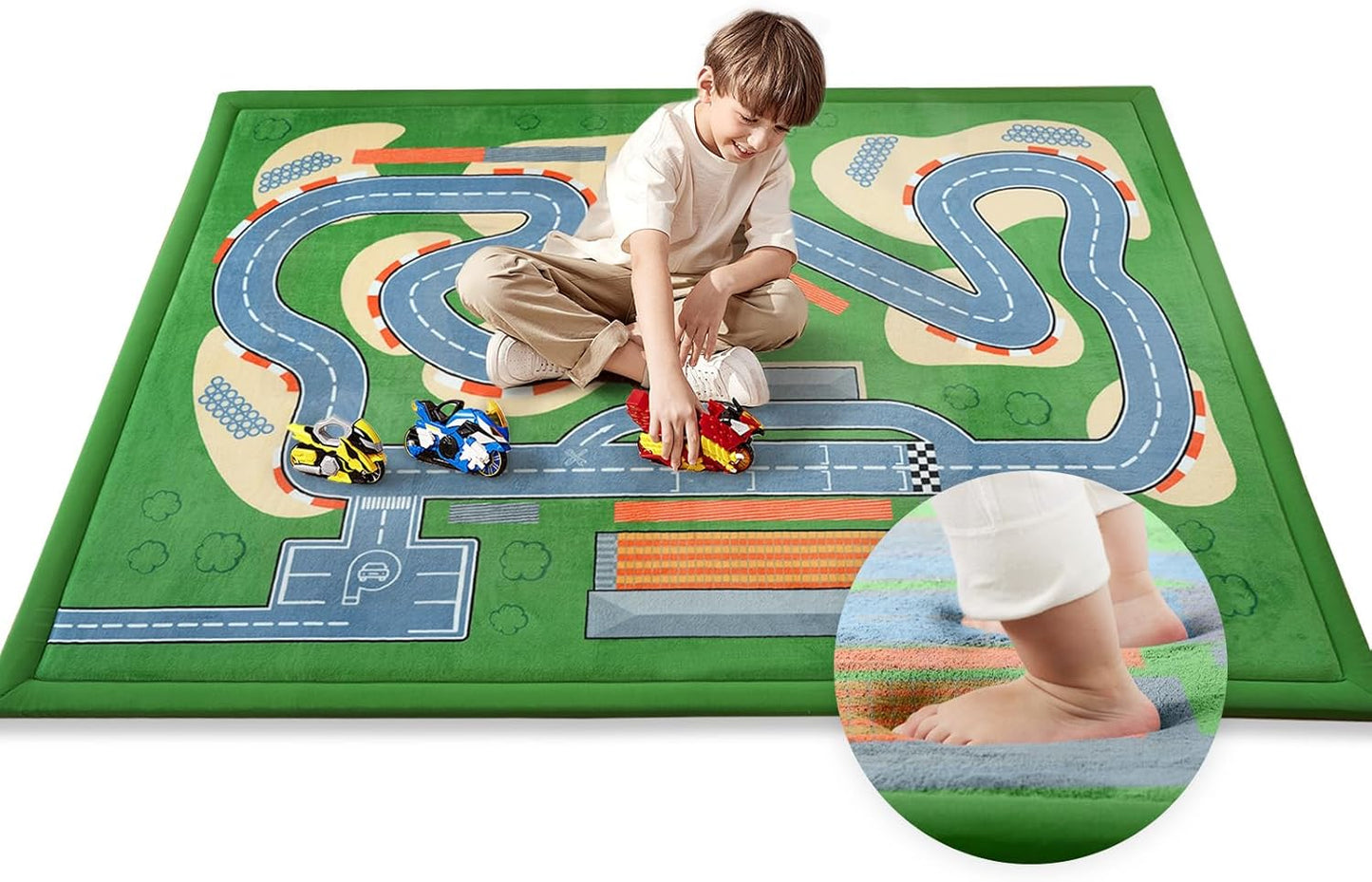 Kids Play Rug, 1.3" Thickened Knee Protection Playmat 39"×59" Car Mat for Track Racing Non-Slip Educational Activity Mat Toddler Rugs for Play Area