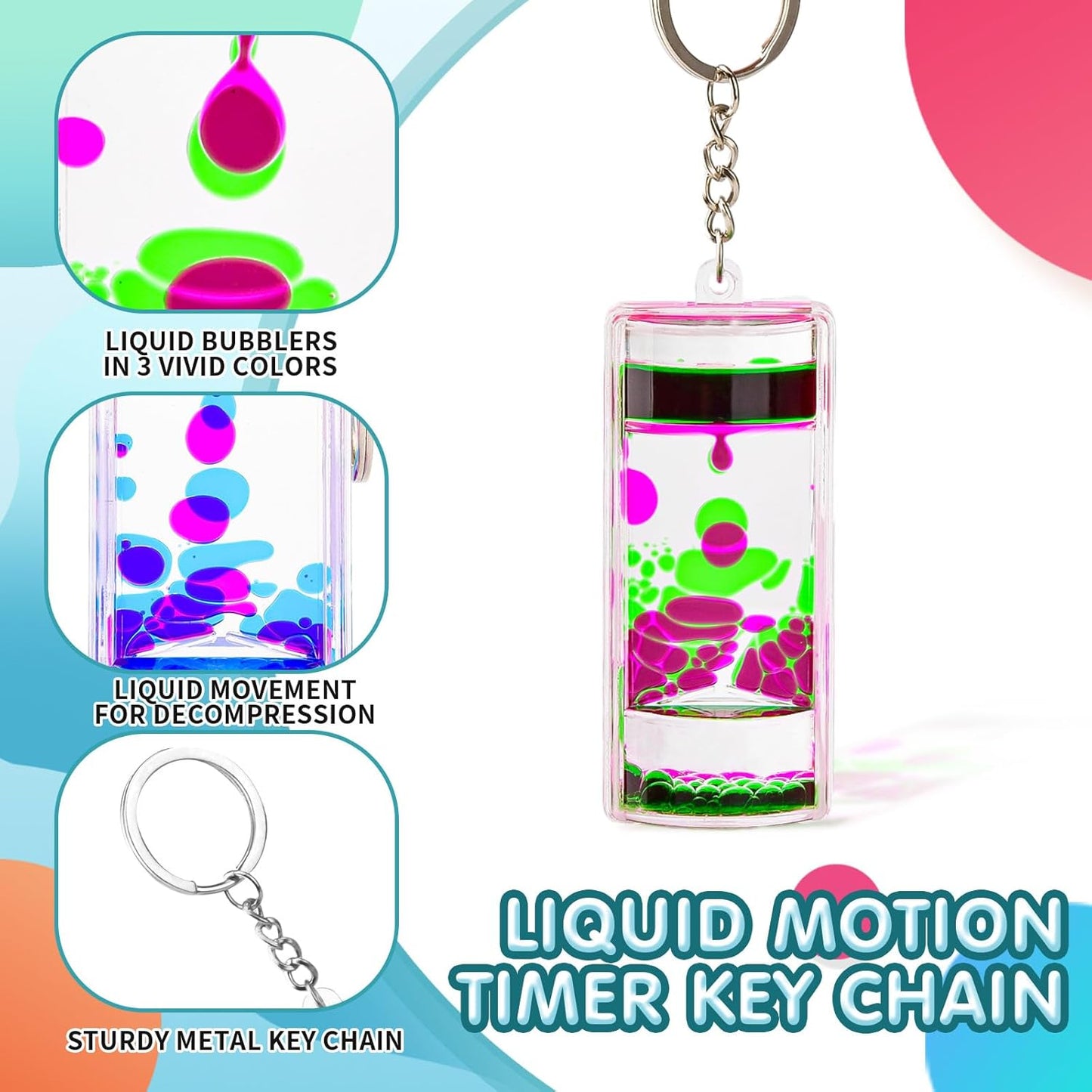 4 Pack Colorful Liquid Motion Keychain, Acrylic Sensory Toy for Stress Relief, Holiday Gift for Kids & Adults