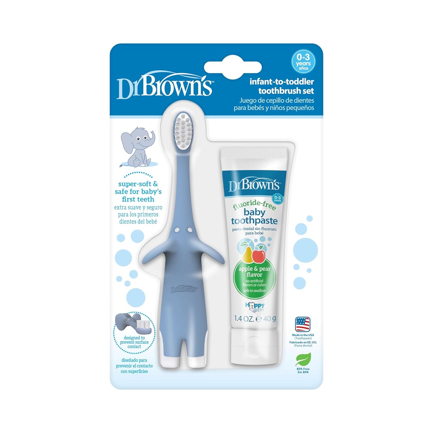Dr. Brown's Infant-to-Toddler Training Toothbrush Set, Blue Elephant with Fluoride-Free Apple Pear Baby Toothpaste, 0-3 years