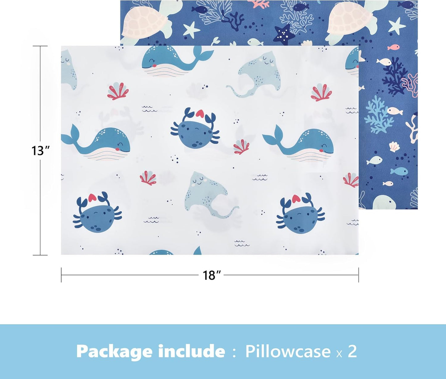 TILLYOU Toddler Pillowcase 2 Pack with Envelope Closure,13" x 18" Silky Soft Microfiber Travel Kids Pillowcase for Boys and Girls, Beach Time Turtle&Manta Ray