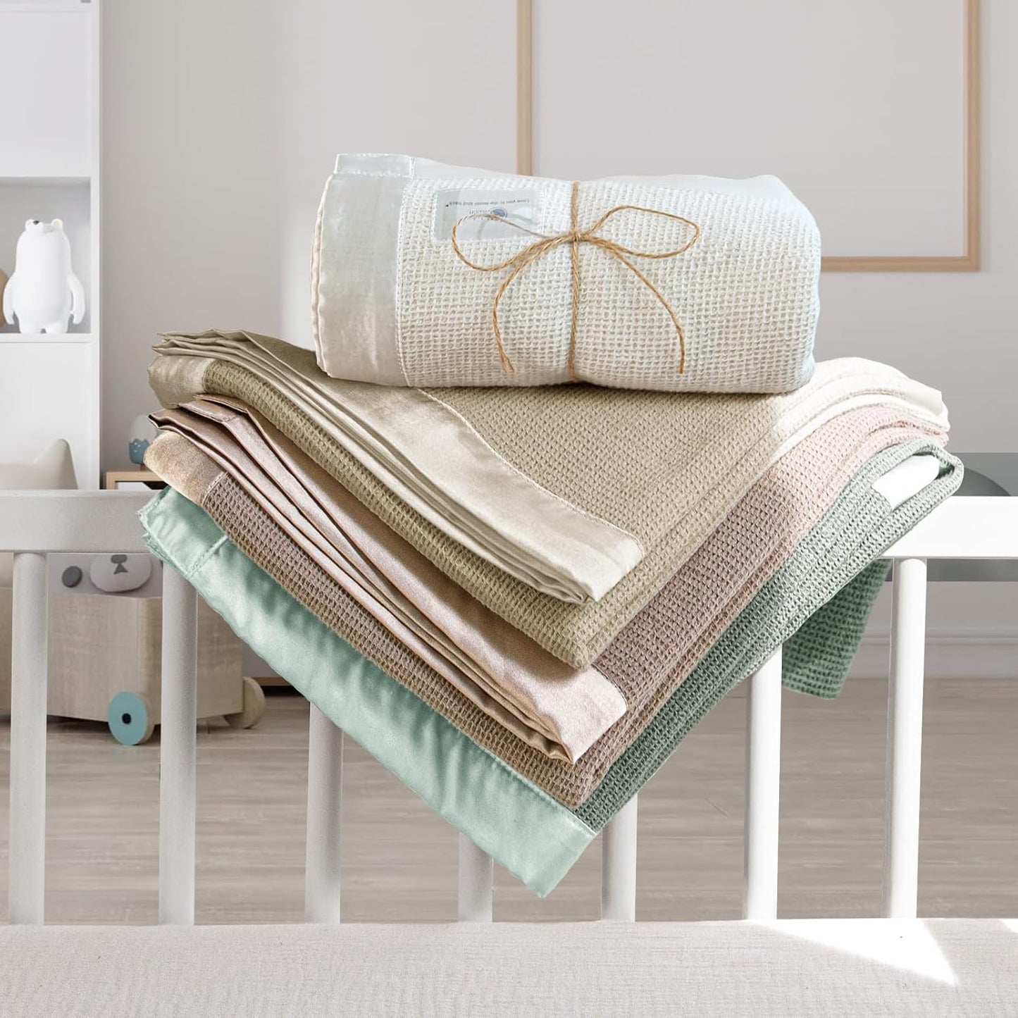 lulumoon Swaddle Baby Blanket: Waffle Blanket with Satin Trim - Breathable Toddler Blankets Perfect for Nursing Cover and Playtime - Cotton Crib Quilt for Daytime Naps 40"x36"(Cream)