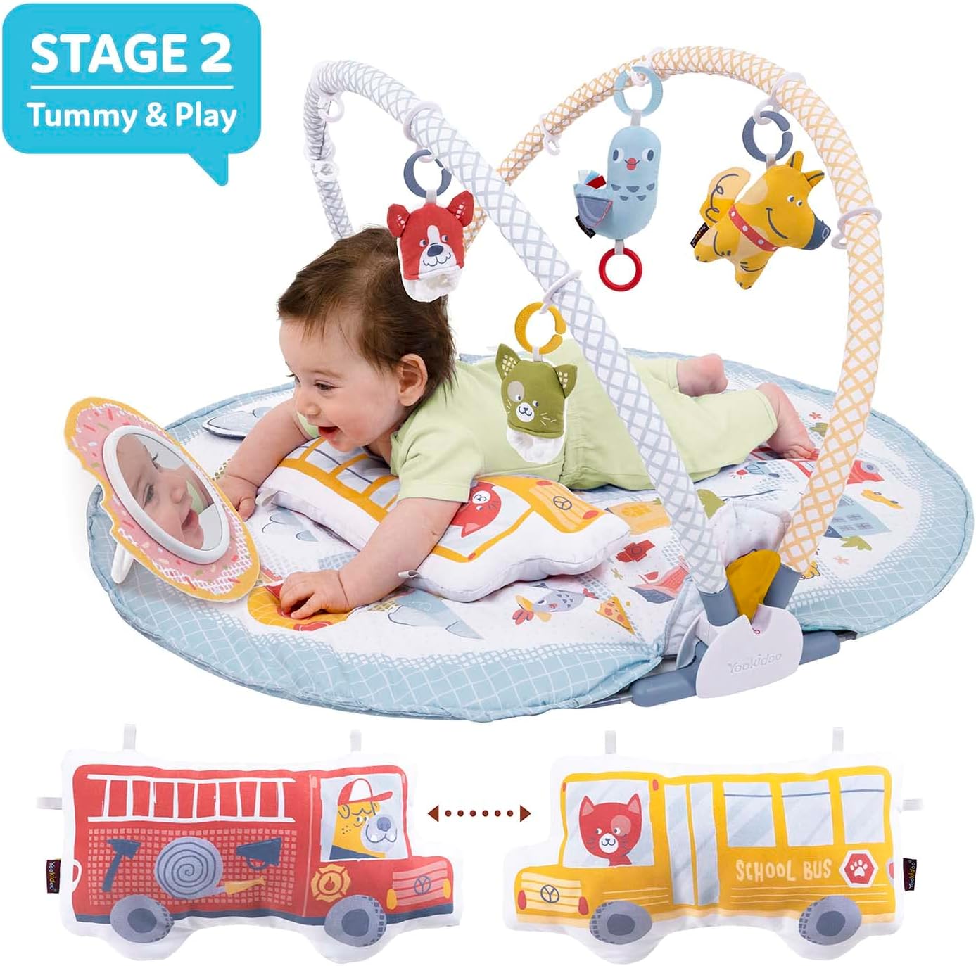Yookidoo Baby Gym Urban Lay to Sit-Up Playmat. 3-in-1 Newborns Activity Center with Tummy Time Toys, Pillow & Infant Miror. 0-12 Month