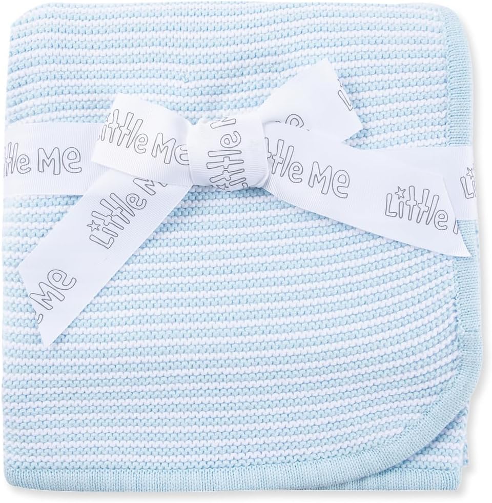 Little Me Knit Baby Blanket – 100% Soft Cotton, Snuggly and Breathable, Perfect as a Swaddle, Stroller Blanket or Nursery Decor for Boys and Girls, Blue Stripe, 30 x 40 Inches