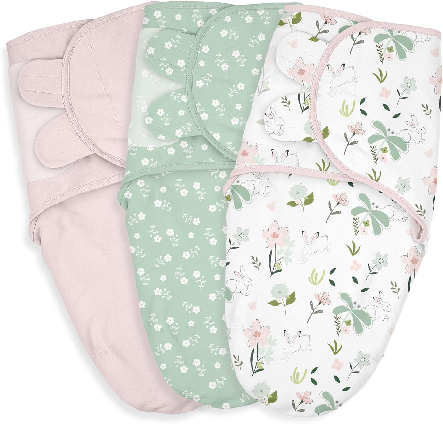 Baby Swaddle Sacks, 3-Pack Newborn Organic Cotton Swaddle Wrap, Adjustable Swaddling Blankets, Nursery Swaddling Essentials for Newborn 0-3 Months, Infant Shower Items Gift (Flowers & Rabbits)