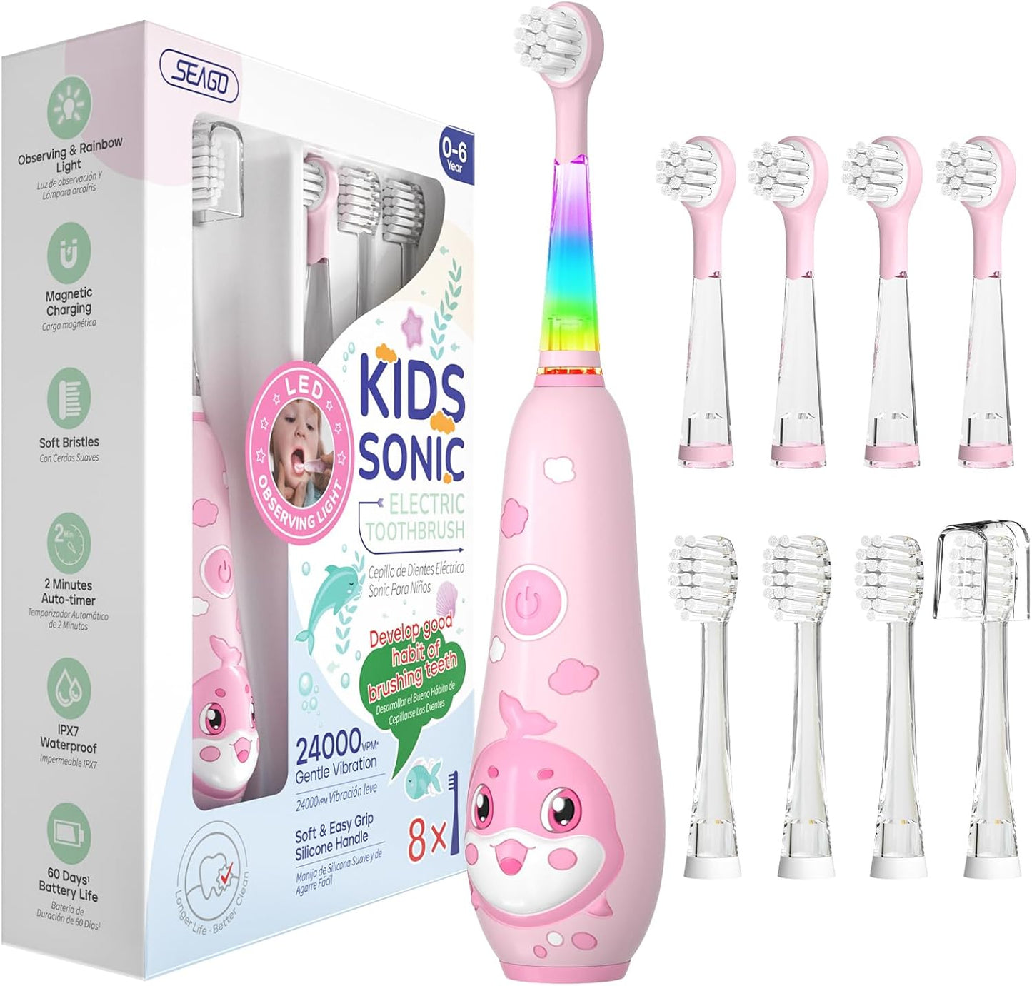 SEAGO Kids Electric Toothbrushes Rechargeable, Toddler Electric Toothbrush with Magnetic Charging, LED Observing Light, 8 Toothbrush Heads for Ages 2-4-6 Boys Girls (Pink)