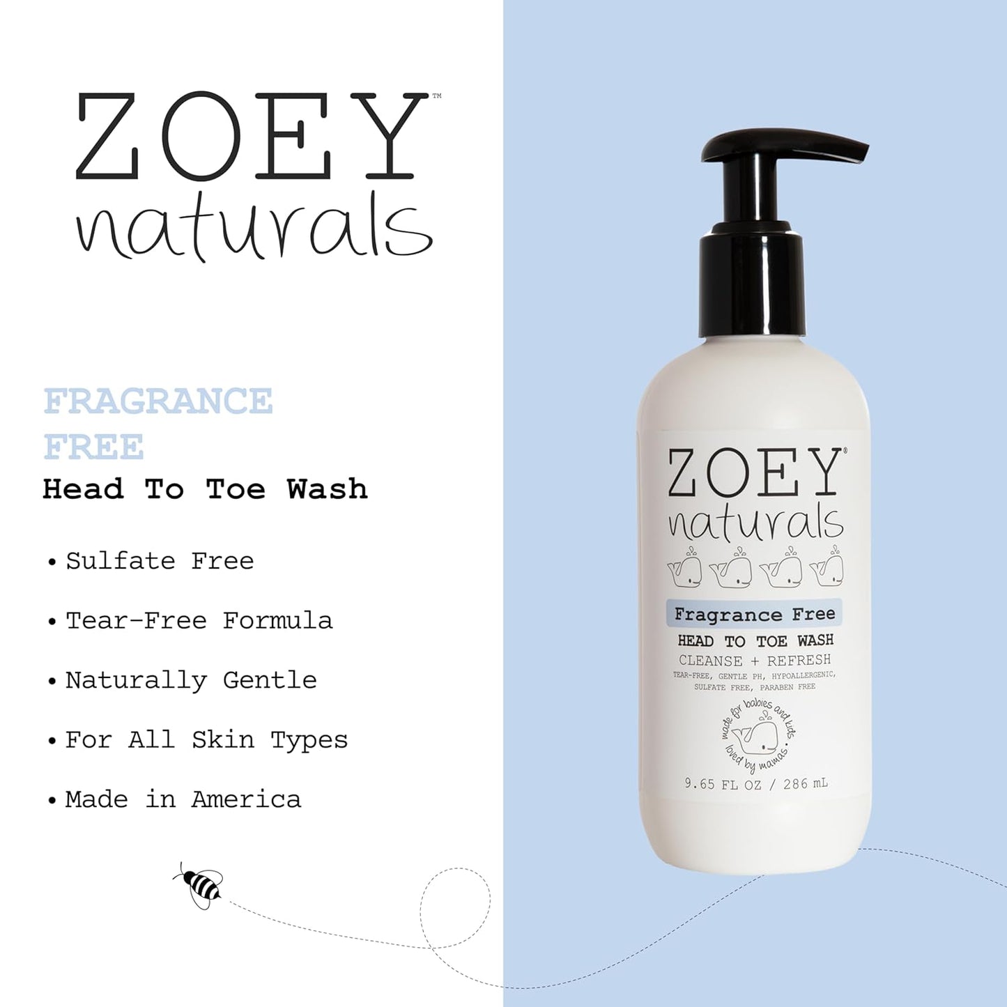 Zoey Naturals Fragrance-Free Head to Toe Baby & Toddler Wash – Tear-Free Body Wash and Shampoo with Gentle pH for Sensitive Skin – 9.65 oz