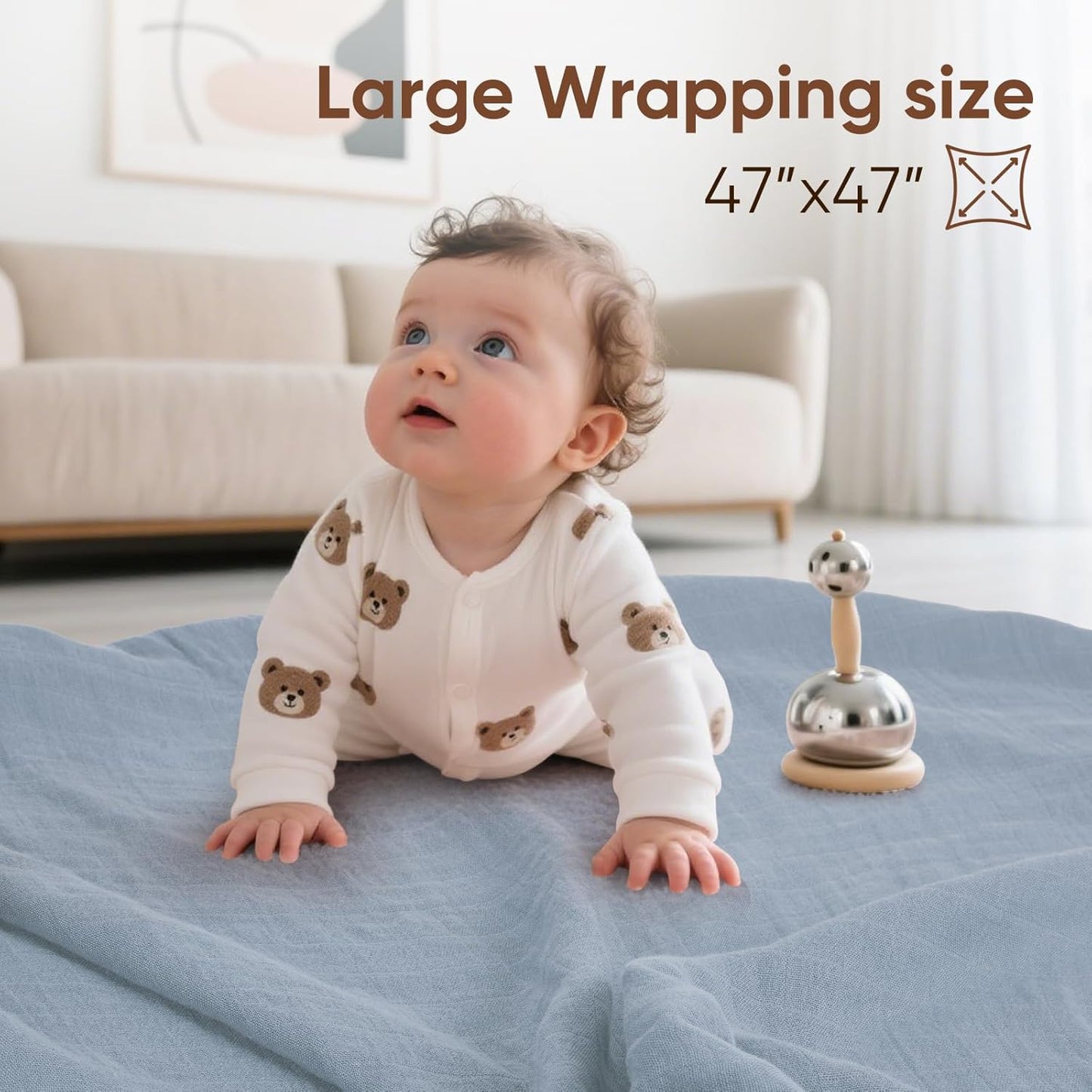 Muslin Swaddle Blankets, Nursery Receiving Blanket for Newborn, Baby Swaddle Wrap Soft Silky & Breathable, 3 Packs, 47 X 47In (Blue and Green 3 Pieces)