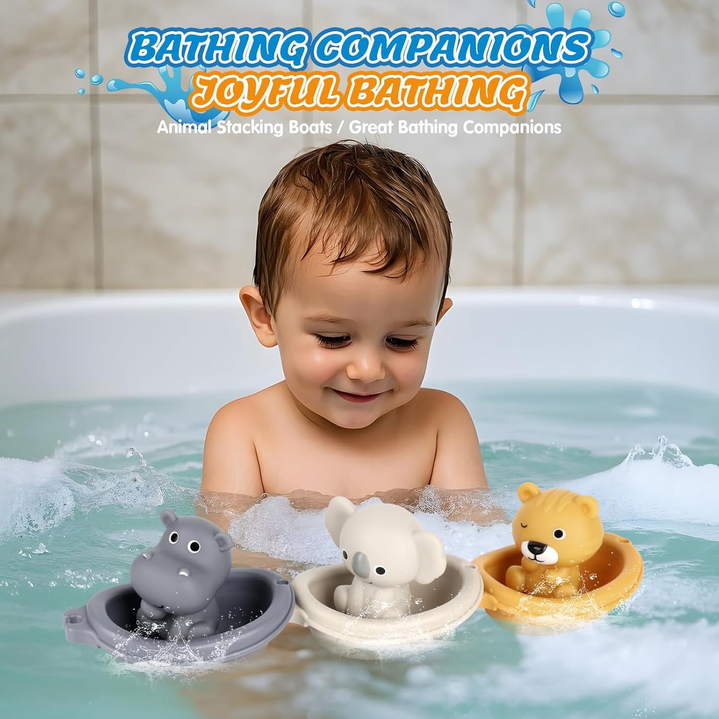 Bath Pool Toys for Toddler, Stacking Toys with 3 Boat 3 Sensory Finger Puppets, Toddler Toys Gifts for 2-4 Year Old Boy Girl, Model B