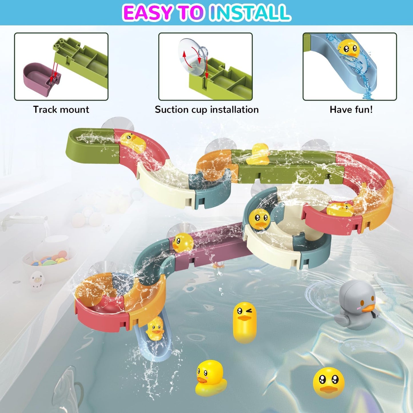 Mostop Toddler Bath Toys for Kids 4-8, Wall Track Buiding Set - Baby Bathtub Toys with Shower Head - Duck Slide Bath Toys - Fun DIY Wall Track Building Set Bathtub Birthday Gift for Boys Girls