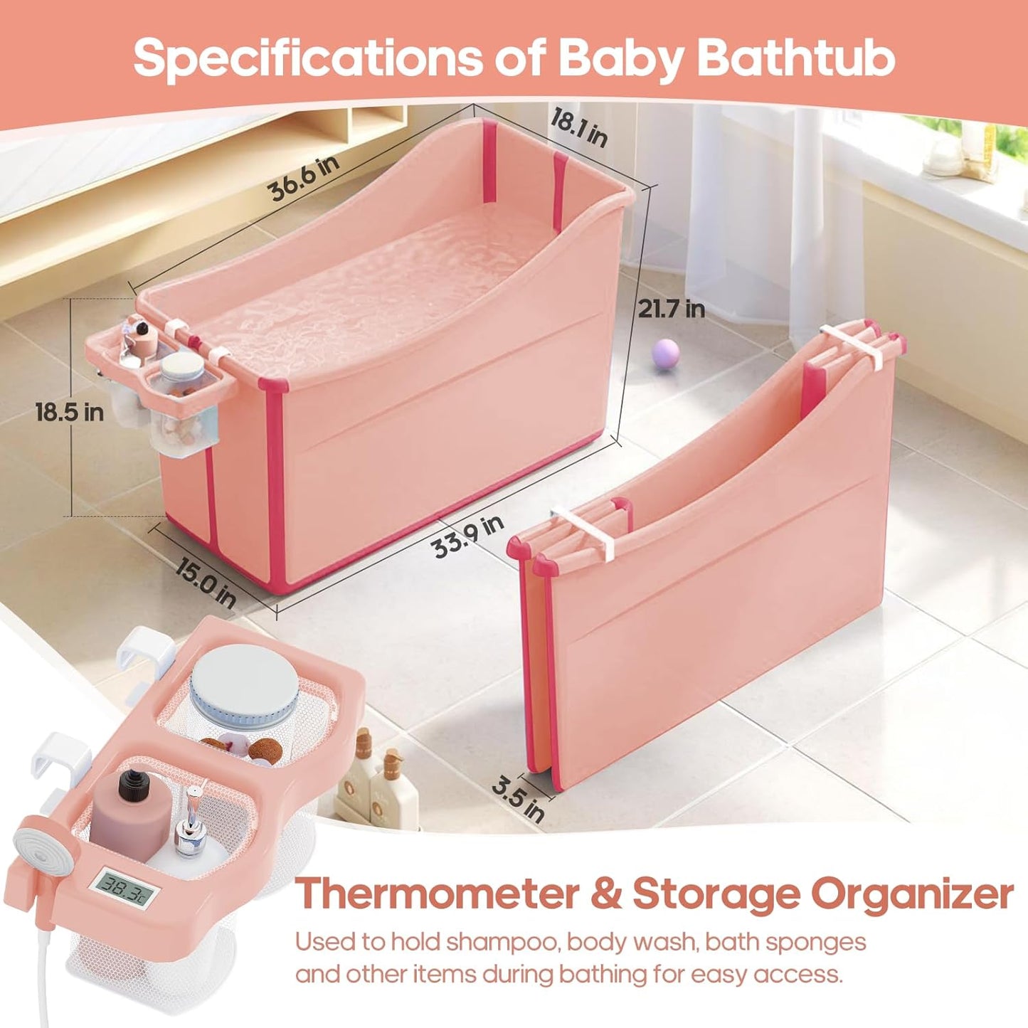 Collapsible Baby Bathtub Foldable Bathtub for Toddler Portable Large Foldable Bath Tub Bathtub for Kids Petite with Thermometer and Storage Basket (Pink)