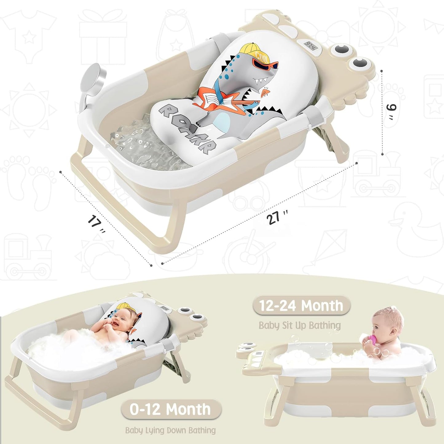 TPN Collapsible Baby Bathtub, Baby Bath Tub with Soft Cushion & Real-Time Thermometer, Baby Bathtub Infant to Toddler Tub (0-36 Months), Portable Newborn Travel Bath tub
