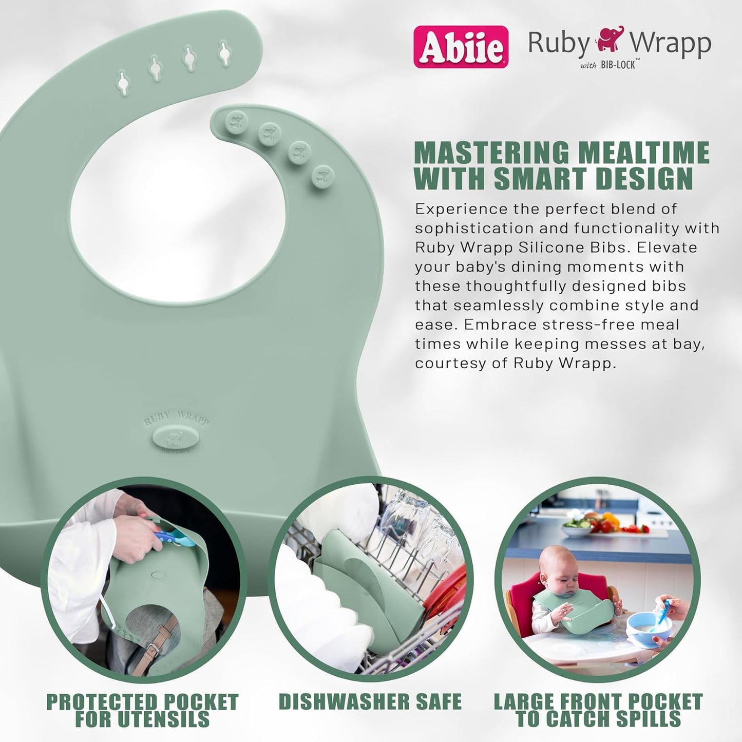 Abiie Ruby Wrapp Silicone Bibs for Babies with Front Pocket - Waterproof Bib - Stain Resistant - Silicone Toddler Bibs