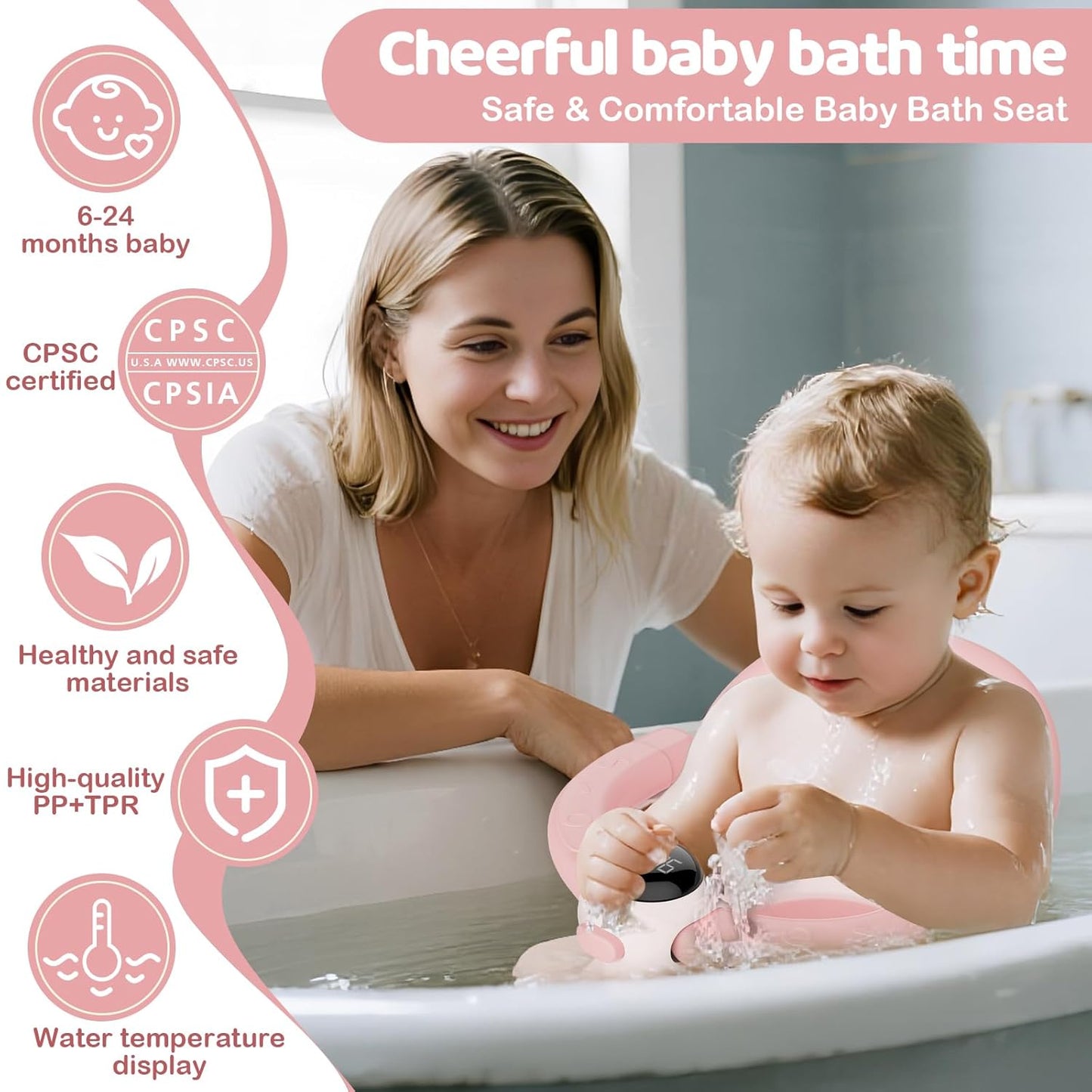 Baby Bath Seat-for Babies 6 Months & up, Water Temperature Display+Soft Cushion, Non-Slip Toddler Bath Seat for Baby, Sit Up Bath Seat for Baby, Pink