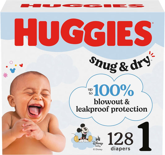 Huggies Size 1 Diapers, Snug & Dry Newborn Diapers, Size 1 (8-14 lbs), 128 Count, Packaging May Vary