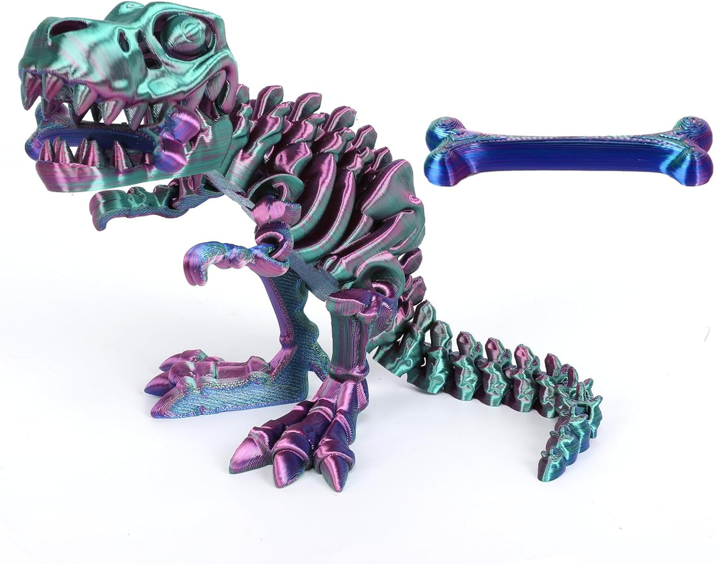 3D Printed Dinosaur Bone Skeleton Tyrannosaurus Rex with Movable Jaw Fidget Dinosaur Toys Full Articulated Dinosaur Executive Desk Toys Home Office Decor, Purple Mix Green-2