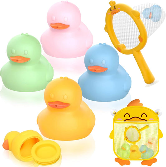 6Pcs Mold-Free Bath Toy Silicone Duck Set for Toddlers 1-3 Years and Babies 6-12 Months, Dishwasher Safe, with Duck Fishing Net and Storage Bag