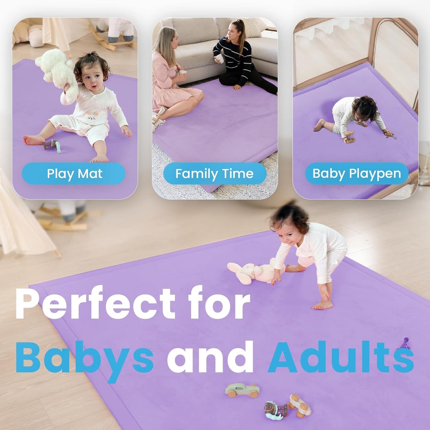 Ultra Soft Baby Play Mat,71"×79" Extra Large Activity Tummy Time Mat for Toddlers,Infants,Kids,1.3" Thick Elasti-Foam Nursery Rug for Floor,Non-Slip Safe for Crawling,Water-Repellent(Lavender)