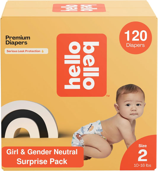 Hello Bello Diapers, Size 2 (10-16 lbs) Surprise Pack for Girls - 120 Count of Premium Disposable Baby Diapers, Hypoallergenic with Soft, Cloth-Like Feel - Assorted Girl & Gender Neutral Patterns