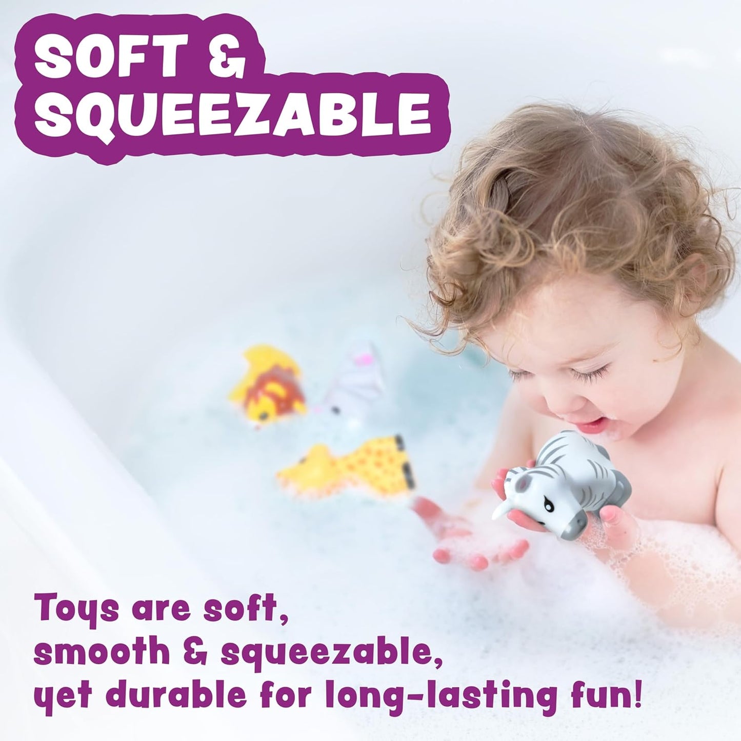 Tub Works® Savanna™ Mold Free Bath Toys, 6 Pack | Sealed, No Hole Bath Toys Design Keeps Moisture Out | Soft, Squeezable & Float on Water | Easy-Grip Baby & Toddler Bathtub Toys | Great Baby Pool Toys